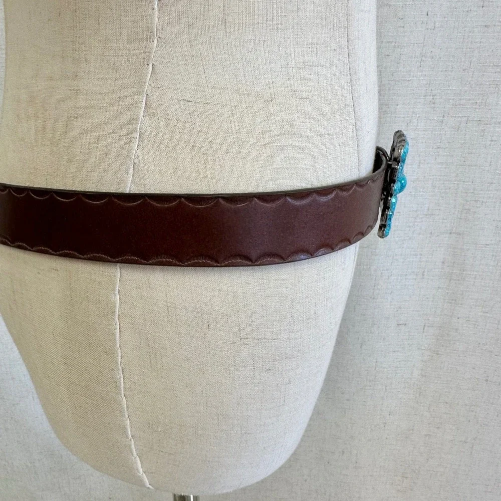 Western Boho Turquoise Flower Buckle Brown‎ Genuine Leather Belt XL